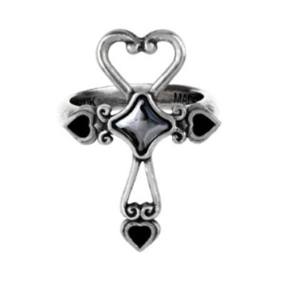 Amourankh Ring – Alchemy Gothic Heart ✦ Ankh ✦ Hematite Cabochon ✦ Rare Pewter - Picture 1 of 3
